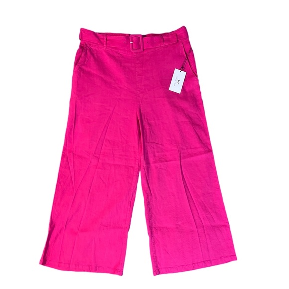 H by Halston Pants - NWT Halston Hot Pink Linen Blend Cropped Wide Leg pants with belt- size Large